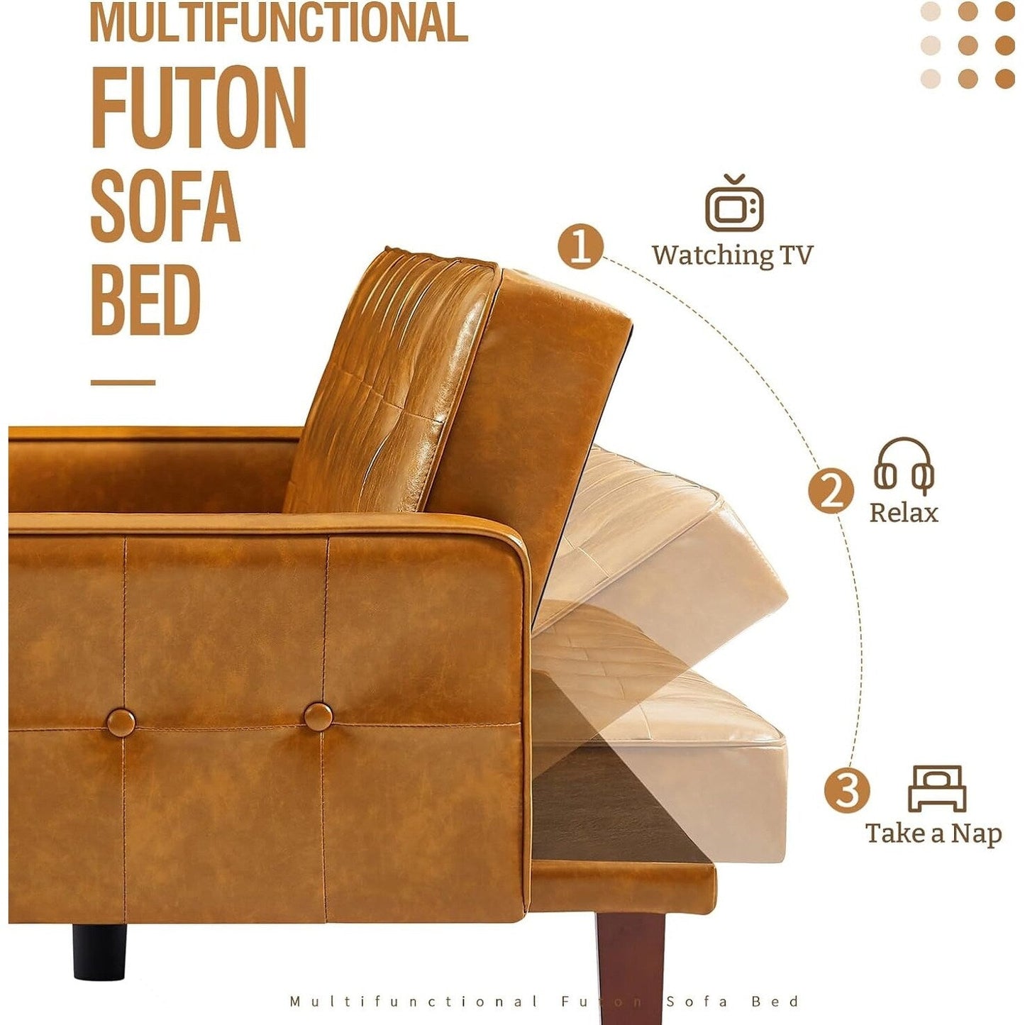 Divano letto futon in PU per soggiorno, divano letto trasformabile in similpelle, imbottito, divano letto futon, trapuntato a canale, futon per camera da letto