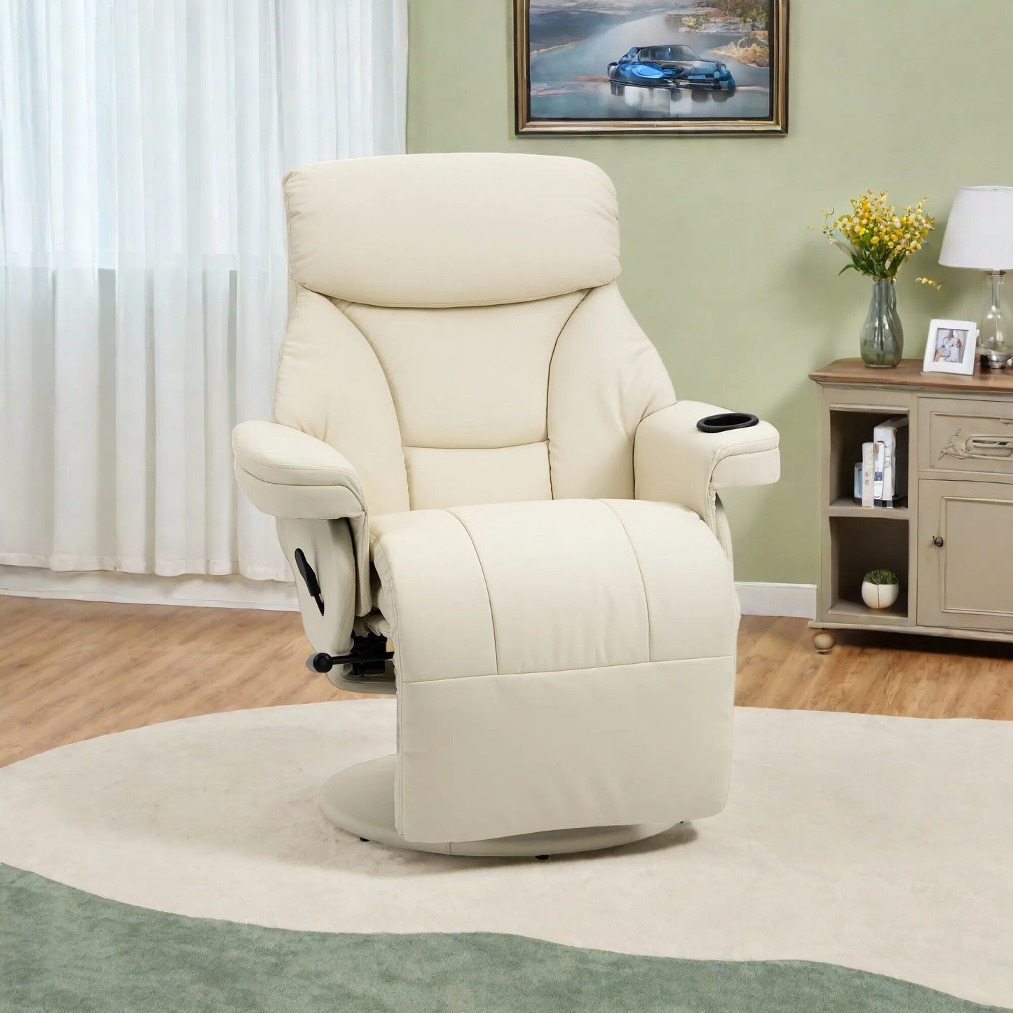 Poltrona reclinabile manuale girevole a 360° in pelle PU con poggiapiedi, portabicchieri e tasca laterale