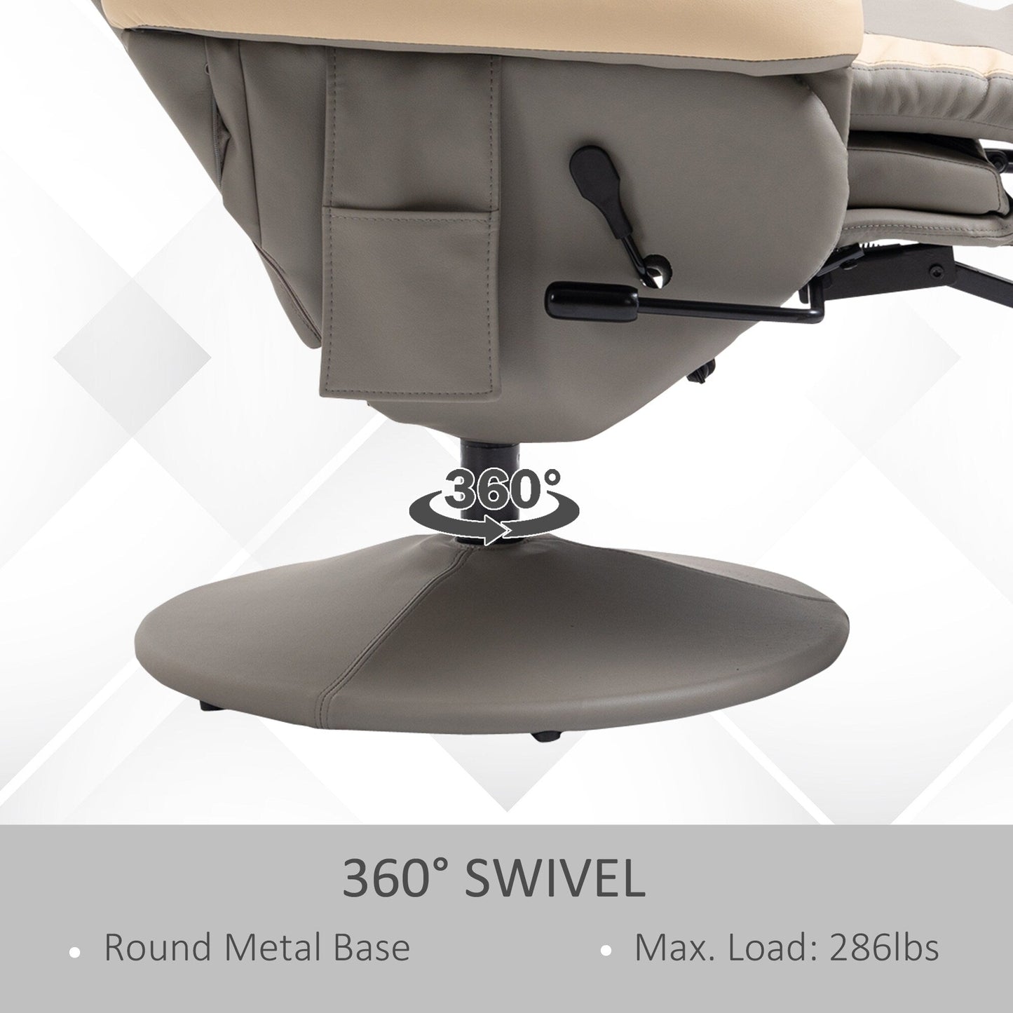 Poltrona reclinabile manuale in similpelle con reclinazione di 135°, poggiapiedi regolabile, rotazione di 360°, portabicchieri e tasche portaoggetti