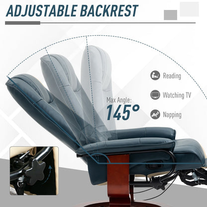 Poltrona reclinabile in similpelle con base girevole in legno, reclinazione manuale, braccioli imbottiti e poggiapiedi