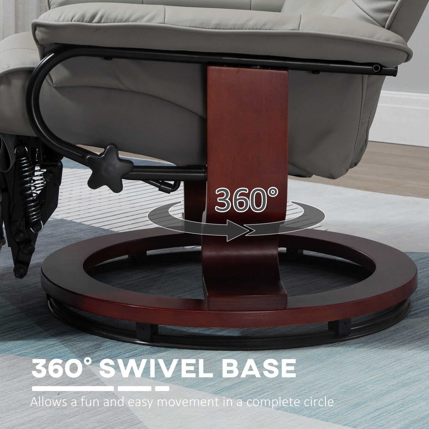 Poltrona reclinabile in similpelle con base girevole in legno, reclinazione manuale, braccioli imbottiti e poggiapiedi