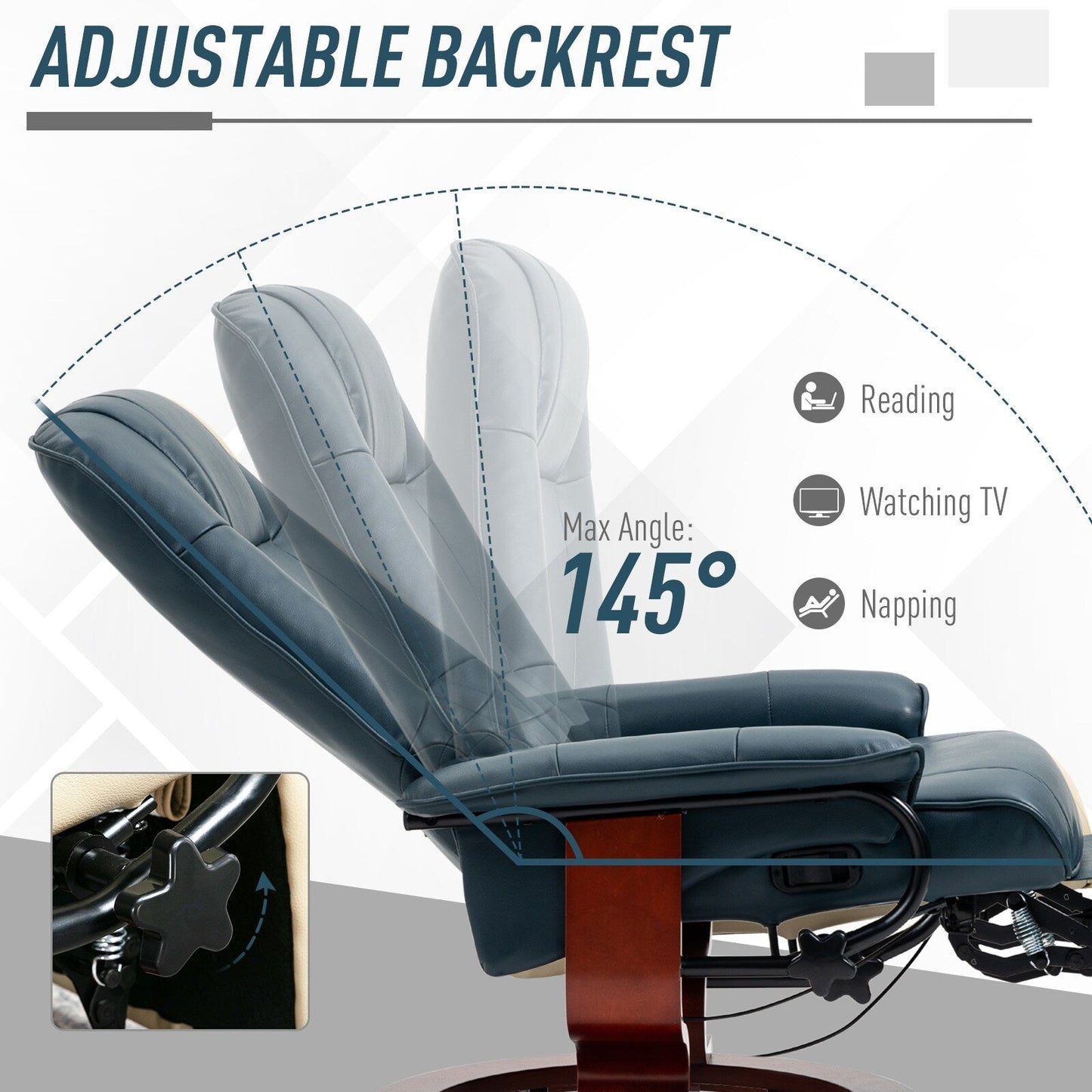 Poltrona reclinabile girevole in similpelle con base in legno, braccioli imbottiti e reclinazione manuale