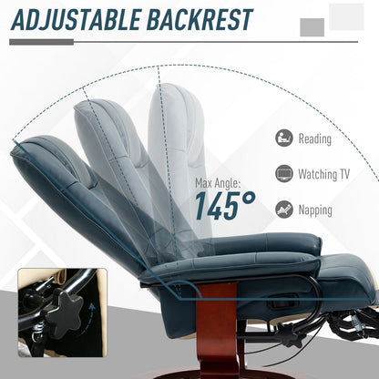 Poltrona reclinabile girevole in similpelle con base in legno, braccioli imbottiti e reclinazione manuale