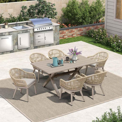 Set da pranzo da giardino PURPLE LEAF da 7 pezzi con tavolo da pranzo quadrato in alluminio per esterni e sedie in rattan intrecciato