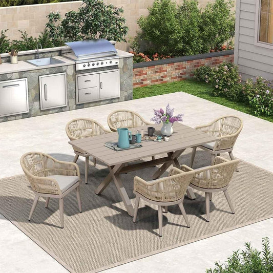 Set da pranzo da giardino PURPLE LEAF da 7 pezzi con tavolo da pranzo quadrato in alluminio per esterni e sedie in rattan intrecciato