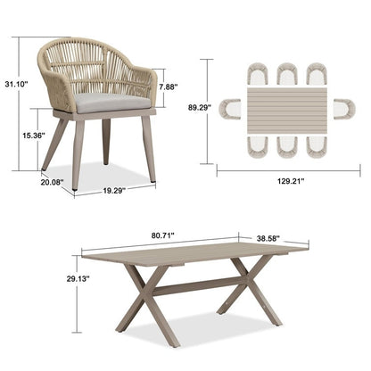 Set da pranzo da giardino PURPLE LEAF da 7 pezzi con tavolo da pranzo quadrato in alluminio per esterni e sedie in rattan intrecciato