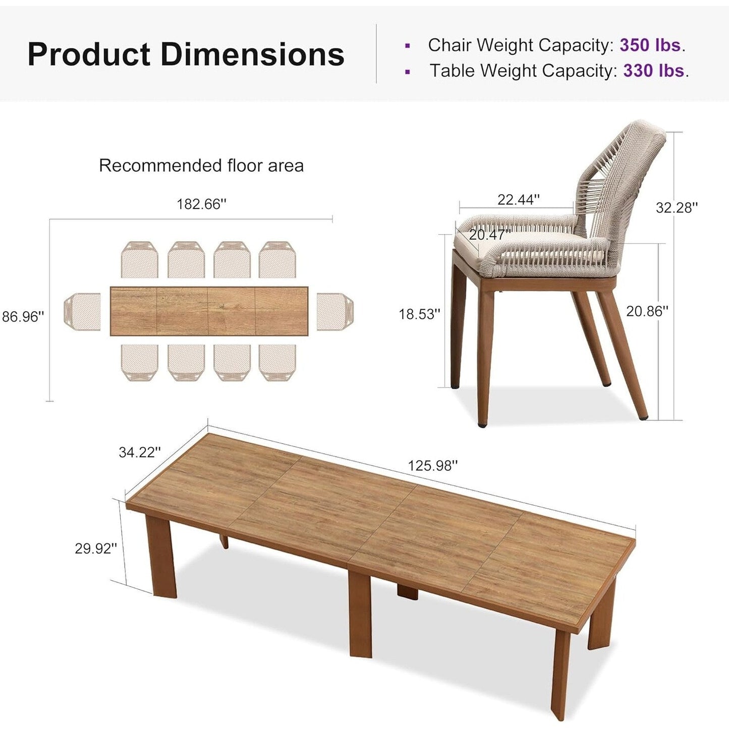 Set da pranzo PURPLE LEAF con tavolo rettangolare in metallo e sedie in vimini e rattan per veranda esterna, set di mobili da esterno moderni