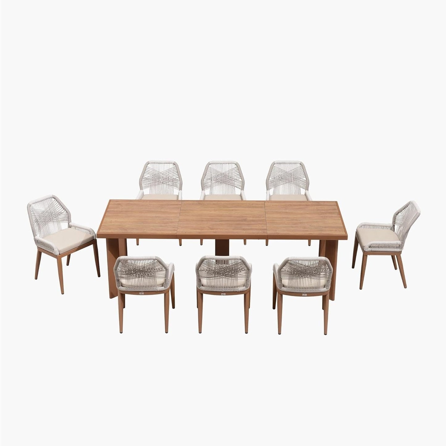 Set da pranzo PURPLE LEAF con tavolo rettangolare in metallo e sedie in vimini e rattan per veranda esterna, set di mobili da esterno moderni