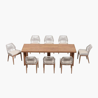 Set da pranzo PURPLE LEAF con tavolo rettangolare in metallo e sedie in vimini e rattan per veranda esterna, set di mobili da esterno moderni