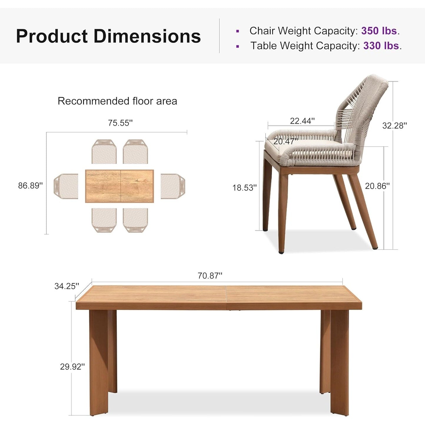 Set da pranzo PURPLE LEAF con tavolo rettangolare in metallo e sedie in vimini e rattan per veranda esterna, set di mobili da esterno moderni