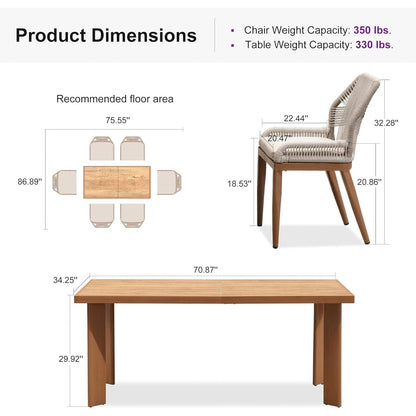 Set da pranzo PURPLE LEAF con tavolo rettangolare in metallo e sedie in vimini e rattan per veranda esterna, set di mobili da esterno moderni