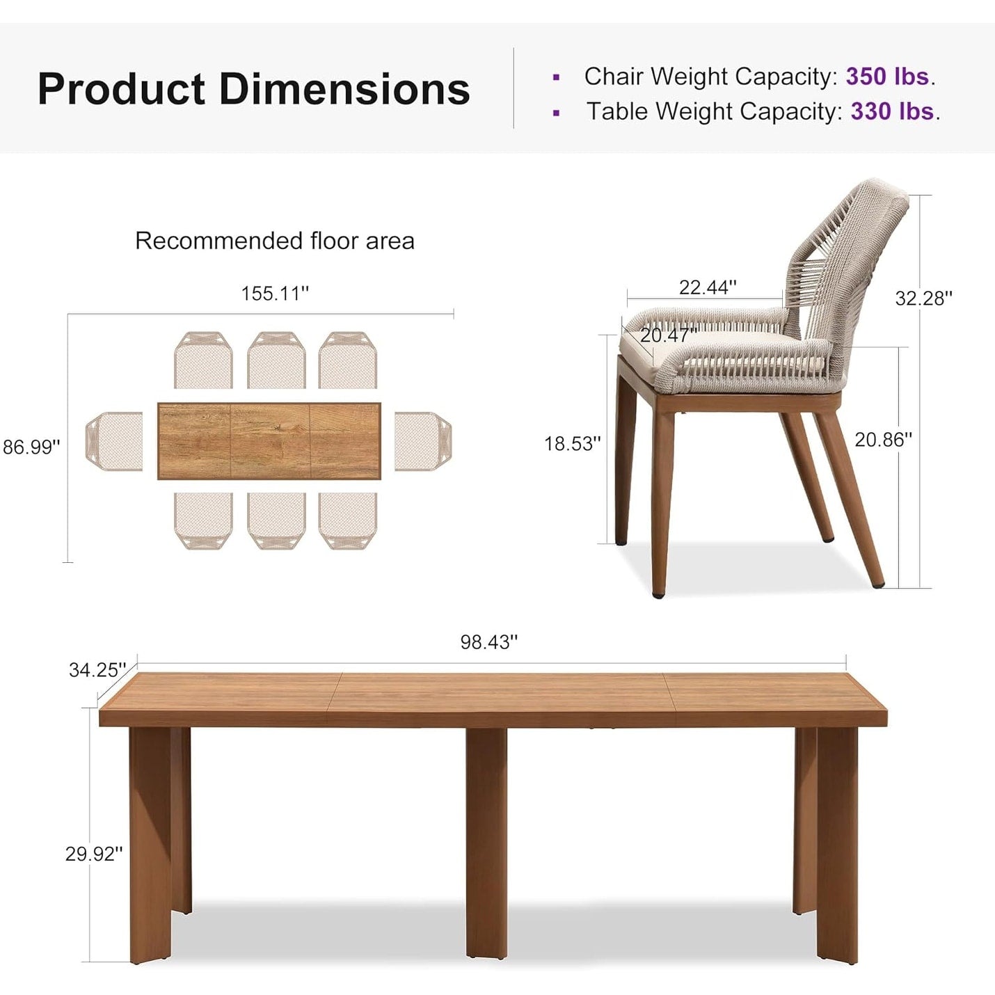 Set da pranzo PURPLE LEAF con tavolo rettangolare in metallo e sedie in vimini e rattan per veranda esterna, set di mobili da esterno moderni