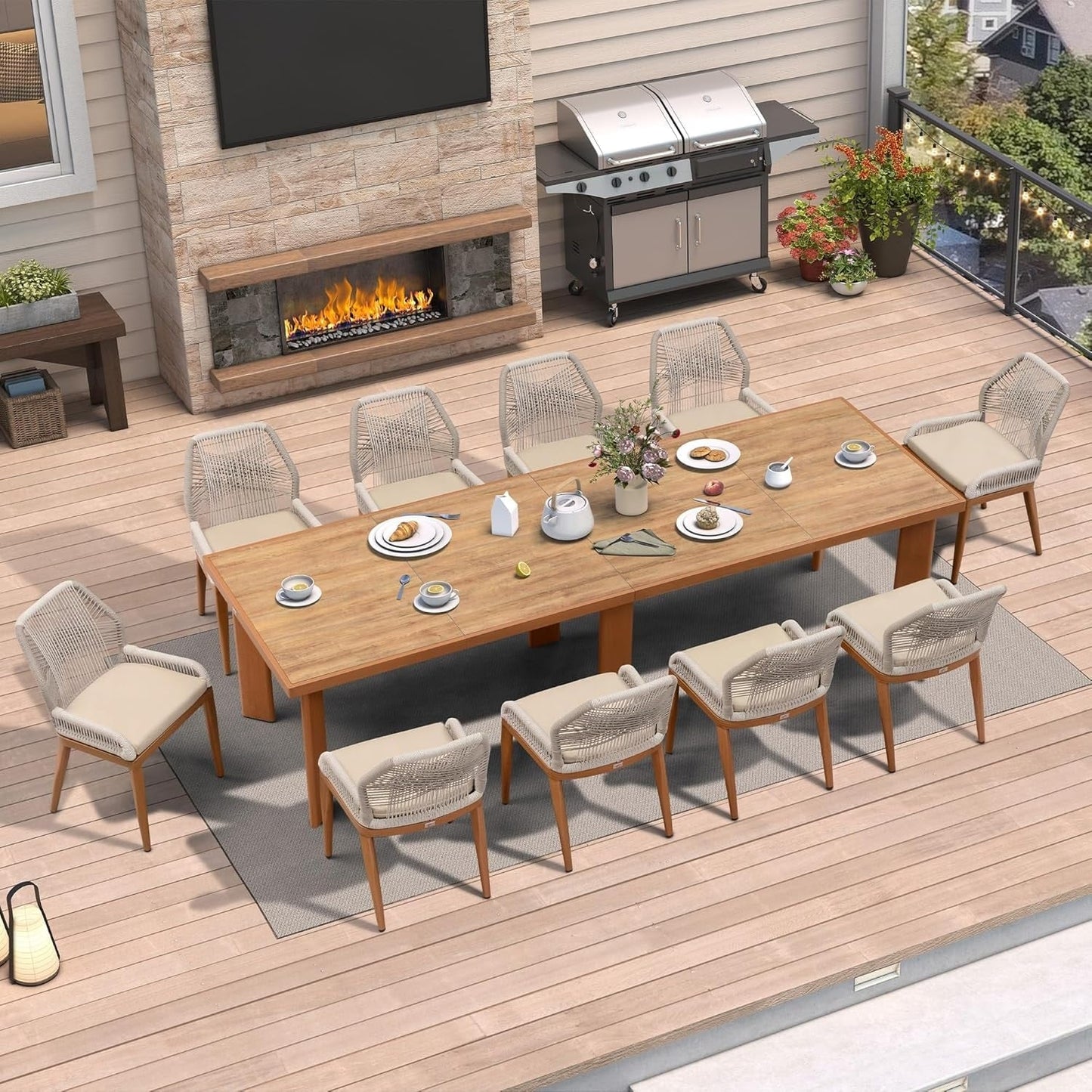 Set da pranzo PURPLE LEAF con tavolo rettangolare in metallo e sedie in vimini e rattan per veranda esterna, set di mobili da esterno moderni