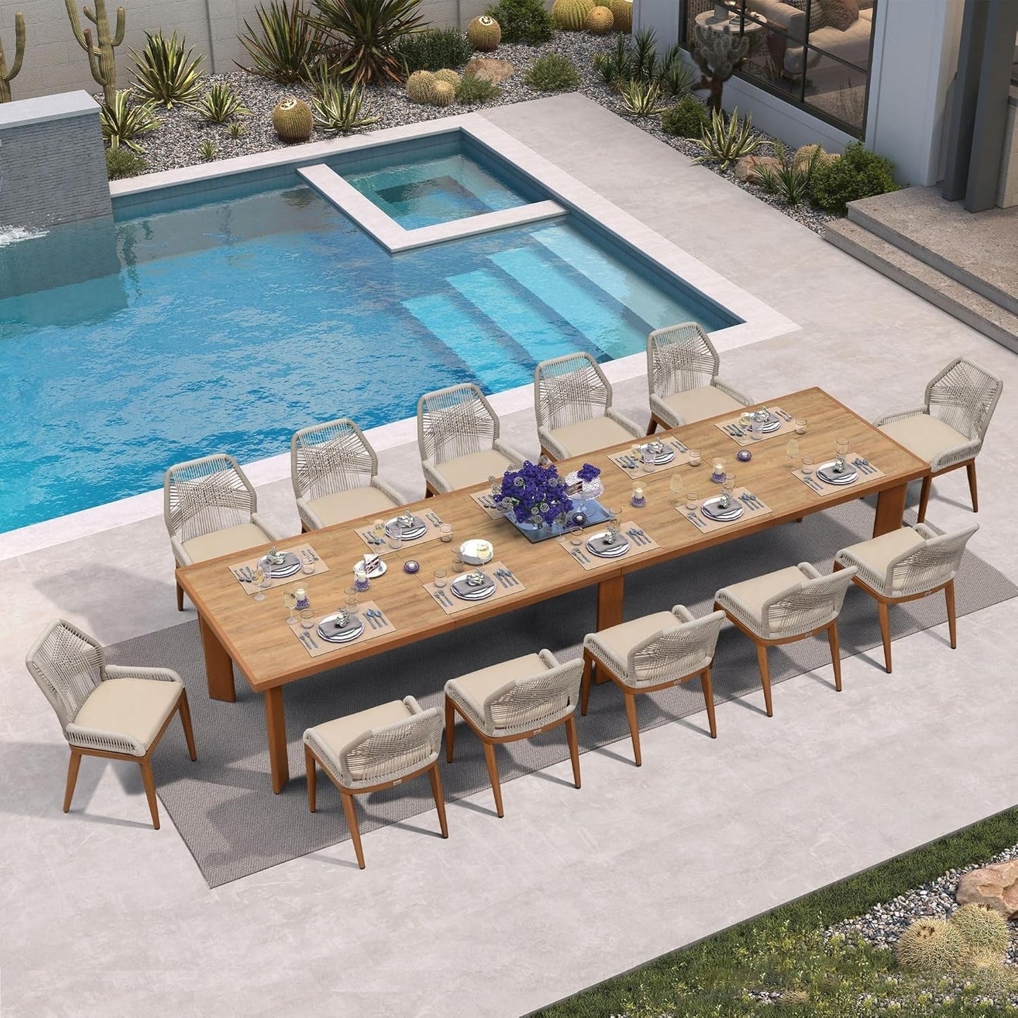 Set da pranzo PURPLE LEAF con tavolo rettangolare in metallo e sedie in vimini e rattan per veranda esterna, set di mobili da esterno moderni