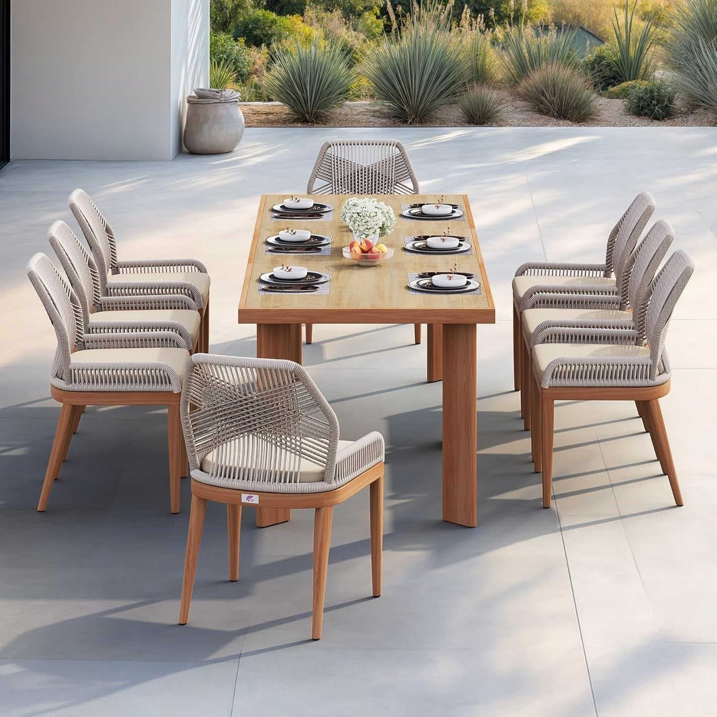 Set da pranzo PURPLE LEAF con tavolo rettangolare in metallo e sedie in vimini e rattan per veranda esterna, set di mobili da esterno moderni