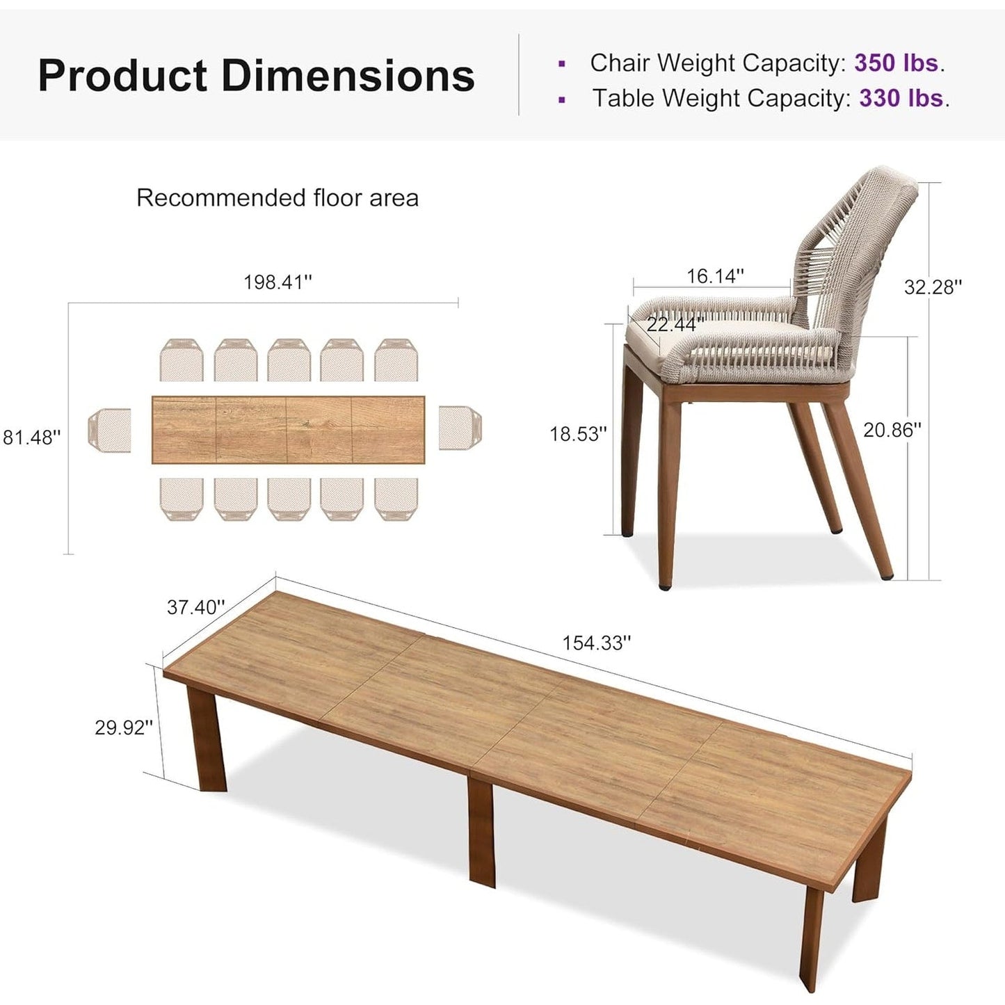 Set da pranzo PURPLE LEAF con tavolo rettangolare in metallo e sedie in vimini e rattan per veranda esterna, set di mobili da esterno moderni