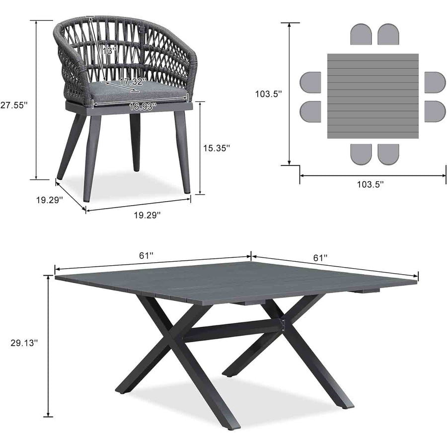 Set da pranzo per esterni in rattan PE PURPLE LEAF con struttura interamente in alluminio