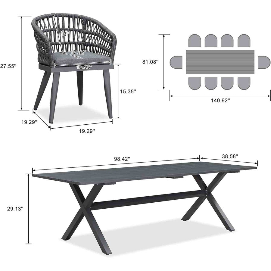 Set da pranzo per esterni in rattan PE PURPLE LEAF con struttura interamente in alluminio