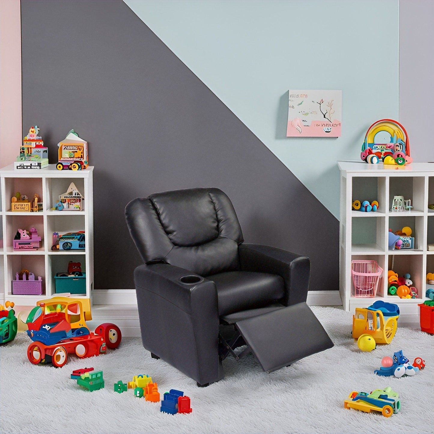 Poltrona reclinabile in PVC per bambini con funzione di reclinazione push-back, portabicchieri e comodo poggiapiedi