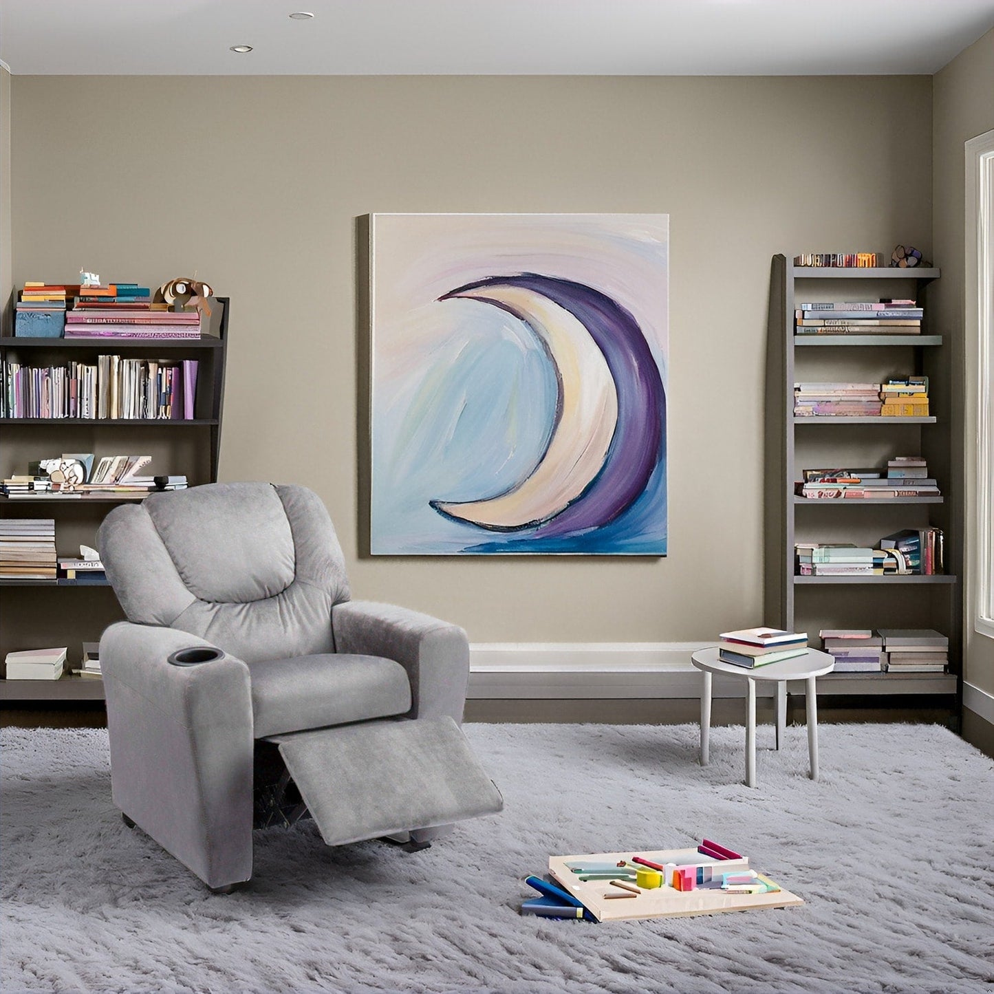 Poltrona reclinabile in PVC per bambini con funzione di reclinazione push-back, portabicchieri e comodo poggiapiedi