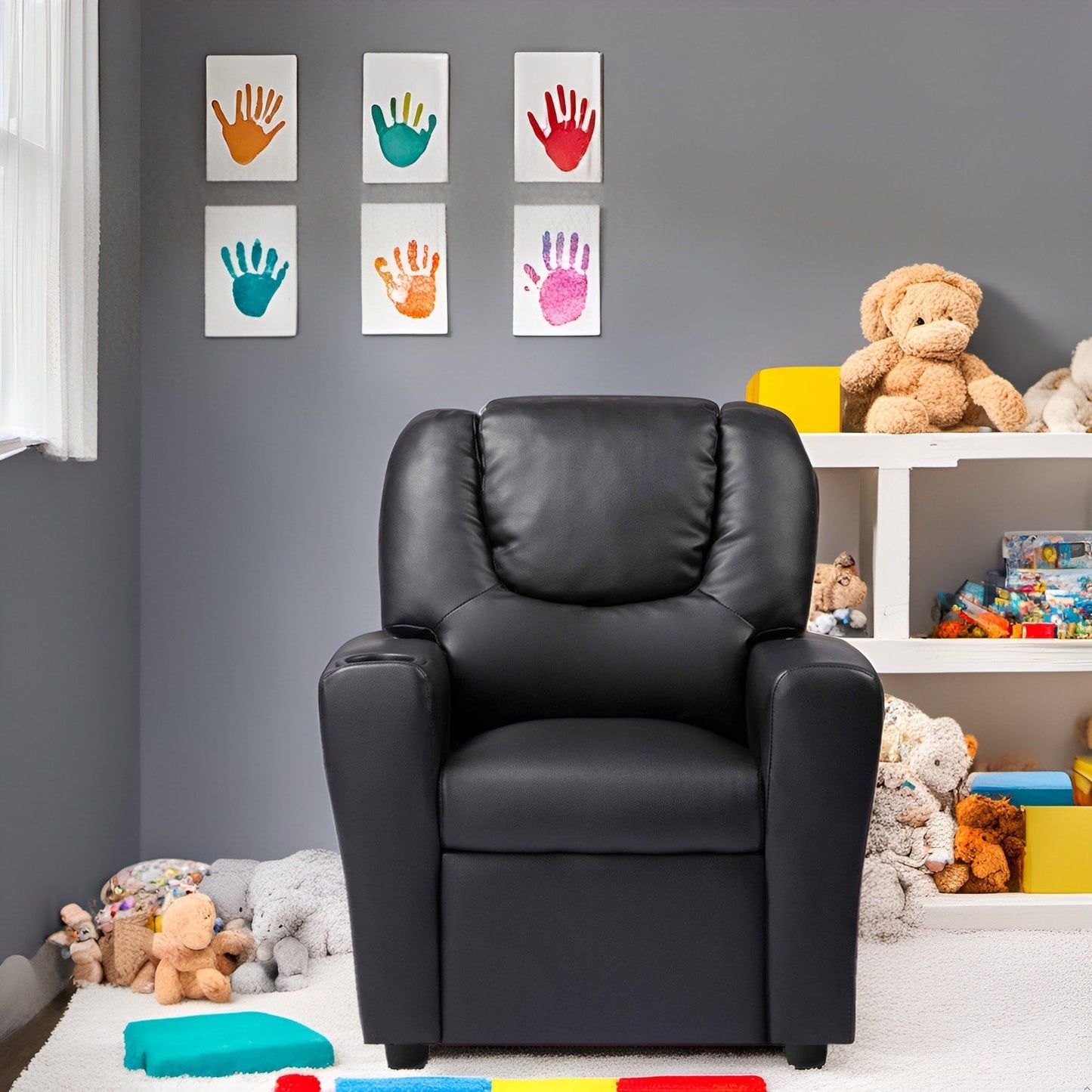 Poltrona reclinabile in PVC per bambini con funzione di reclinazione push-back, portabicchieri e comodo poggiapiedi