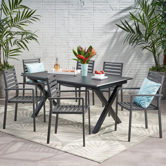 Set da pranzo moderno in alluminio da 6 posti Pabara Outdoor con tavolo estensibile di Christopher Knight Home