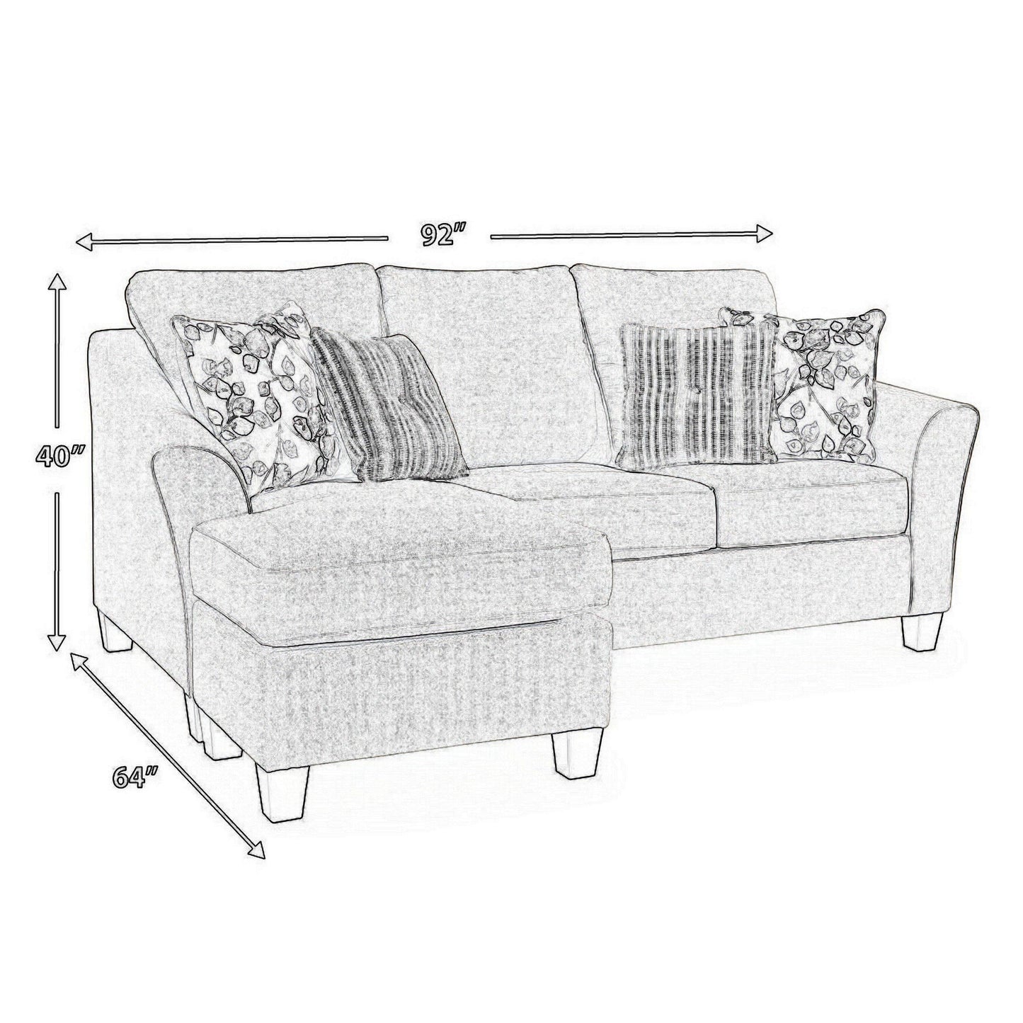 Divano Parker L Chaise Longue, poliestere grigio, 4 cuscini decorativi, 92 pollici