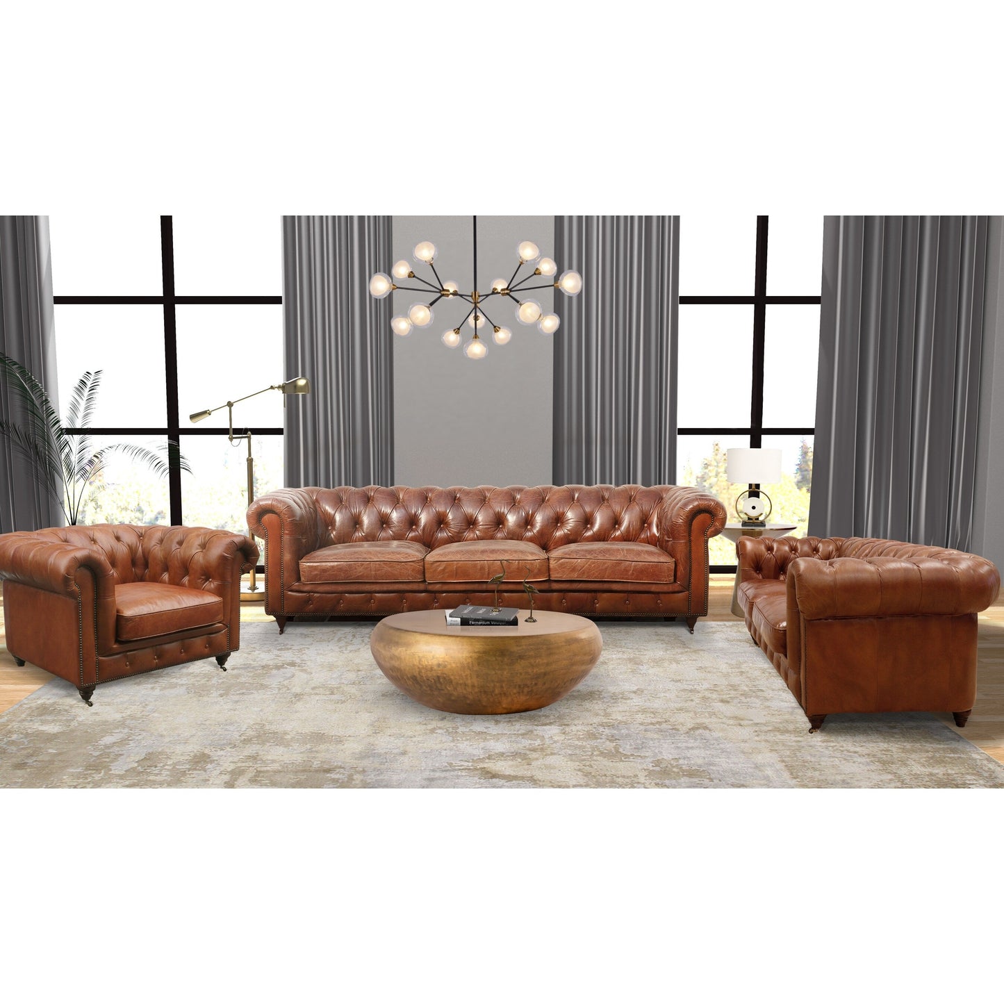 Divano capitonné Pasargad Home Paris Club Chesterfield, marrone - 28,7'' A x 97,2'' L x 39'' P
