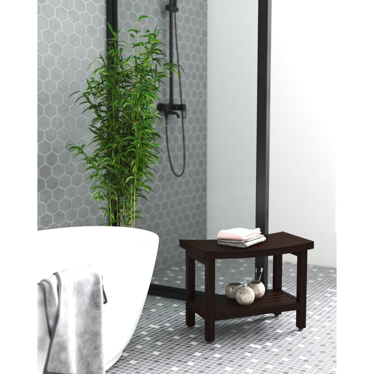 Panca da doccia in teak Sumba brevettata con ripiano