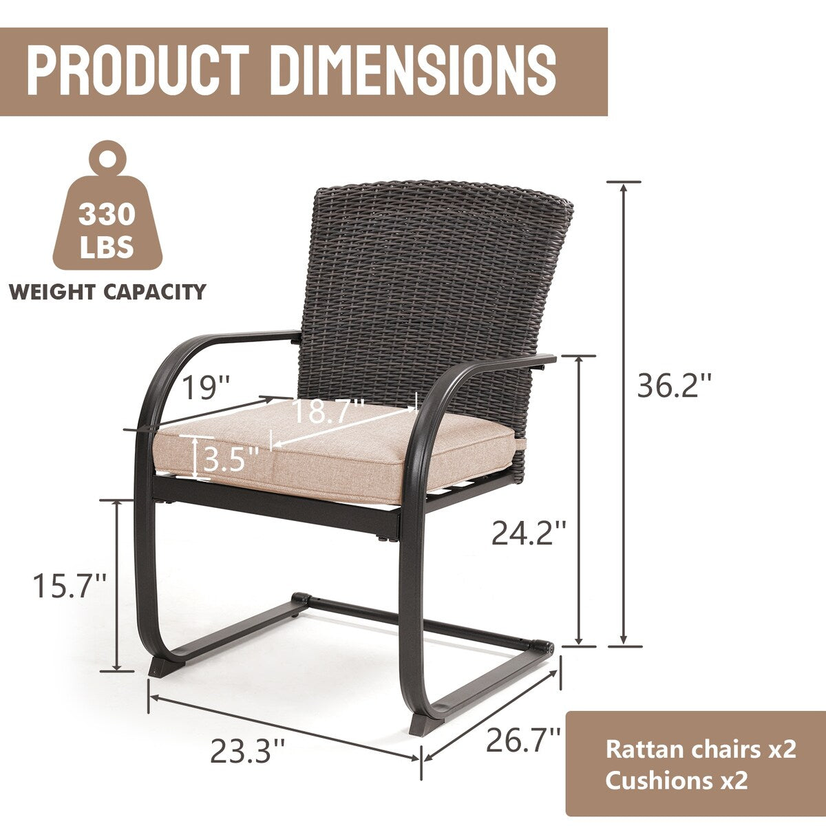 Sedie da pranzo in vimini per esterni, 2 pezzi, mobili da giardino primaverili adatti a tutte le stagioni con cuscini per giardino, piscina, cortile, prato