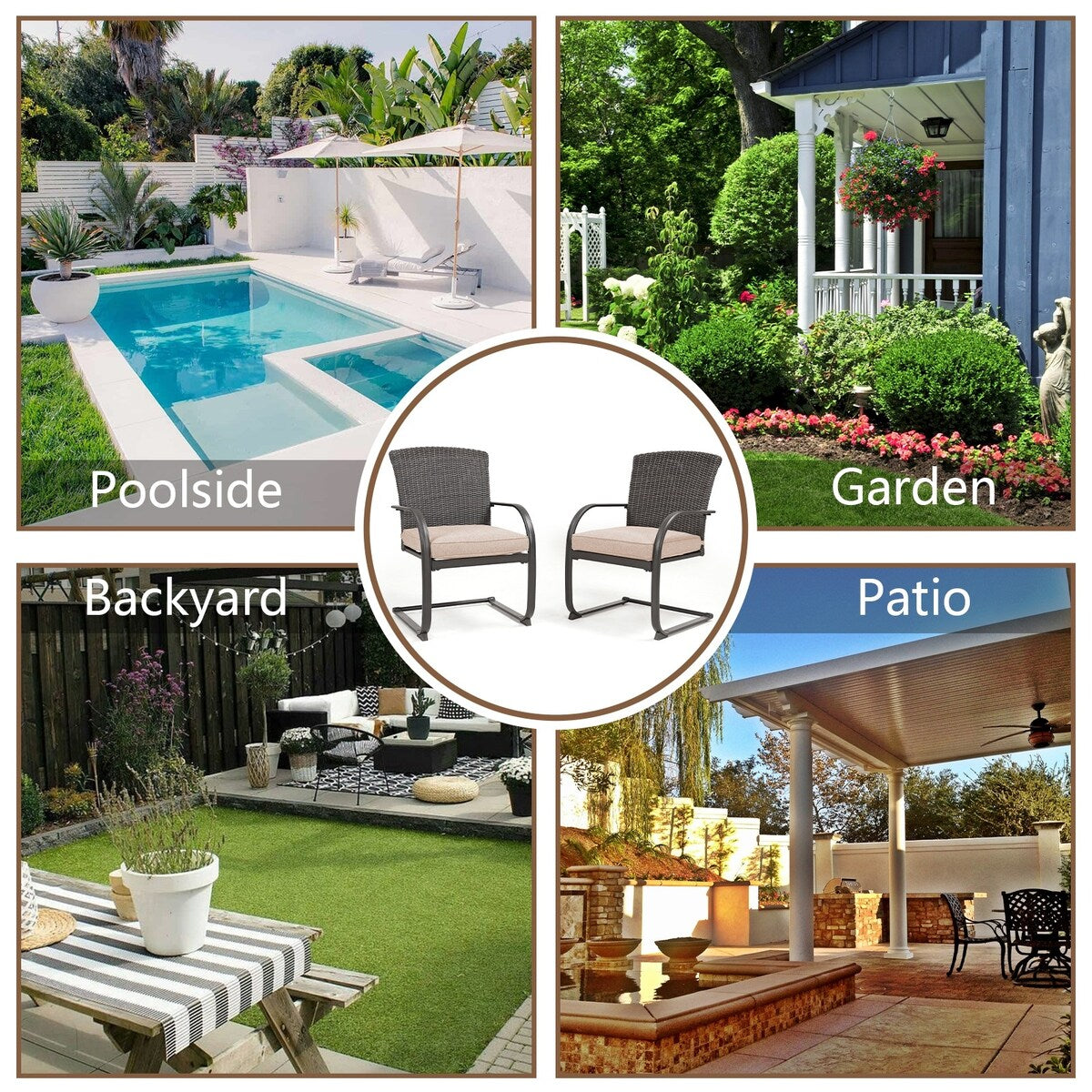 Sedie da pranzo in vimini per esterni, 2 pezzi, mobili da giardino primaverili adatti a tutte le stagioni con cuscini per giardino, piscina, cortile, prato