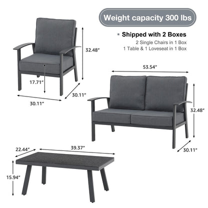 Set da conversazione in alluminio da 4 pezzi per patio con cuscini e tavolo con texture in marmo
