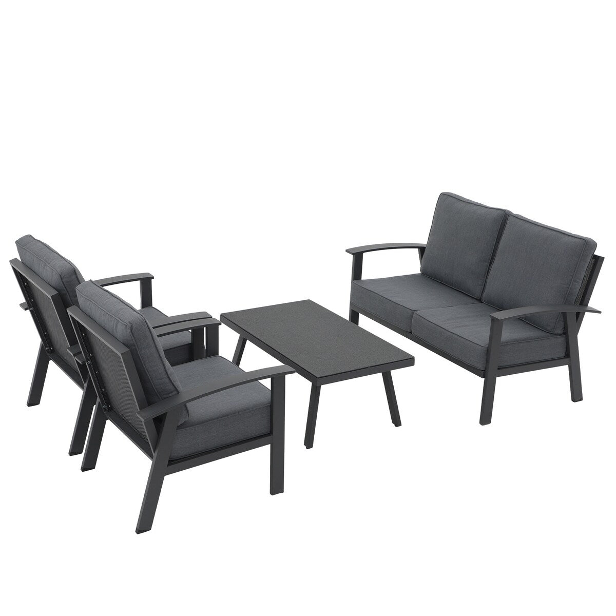 Set da conversazione in alluminio da 4 pezzi per patio con cuscini e tavolo con texture in marmo