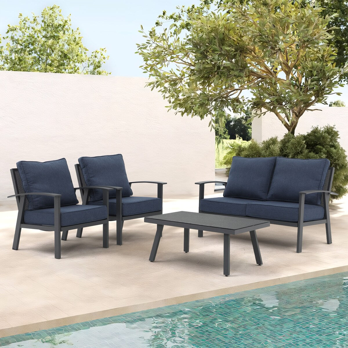 Set da conversazione in alluminio da 4 pezzi per patio con cuscini e tavolo con texture in marmo