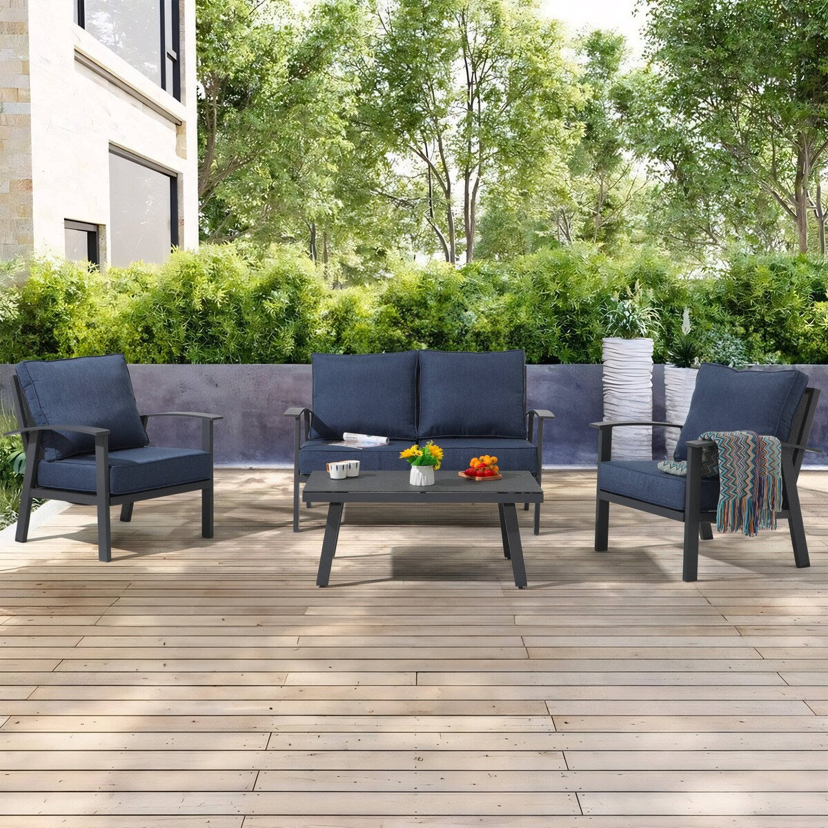 Set da conversazione in alluminio da 4 pezzi per patio con cuscini e tavolo con texture in marmo