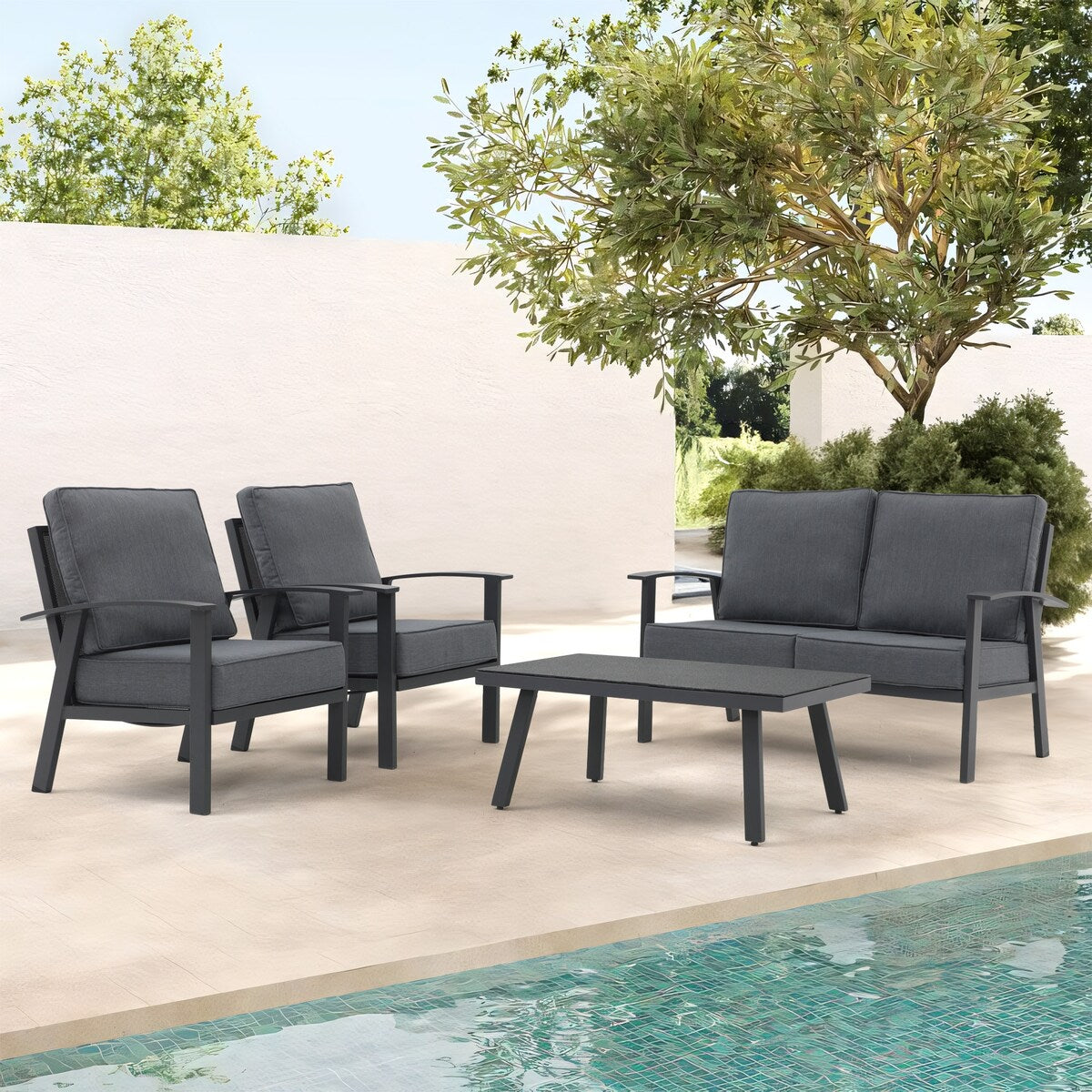 Set da conversazione in alluminio da 4 pezzi per patio con cuscini e tavolo con texture in marmo