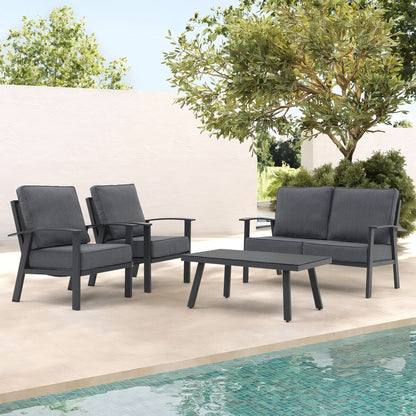 Set da conversazione in alluminio da 4 pezzi per patio con cuscini e tavolo con texture in marmo