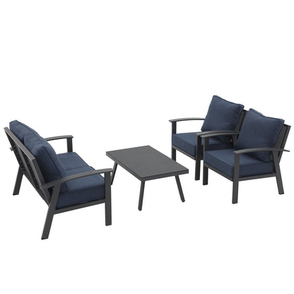 Set da conversazione in alluminio da 4 pezzi per patio con cuscini e tavolo con texture in marmo