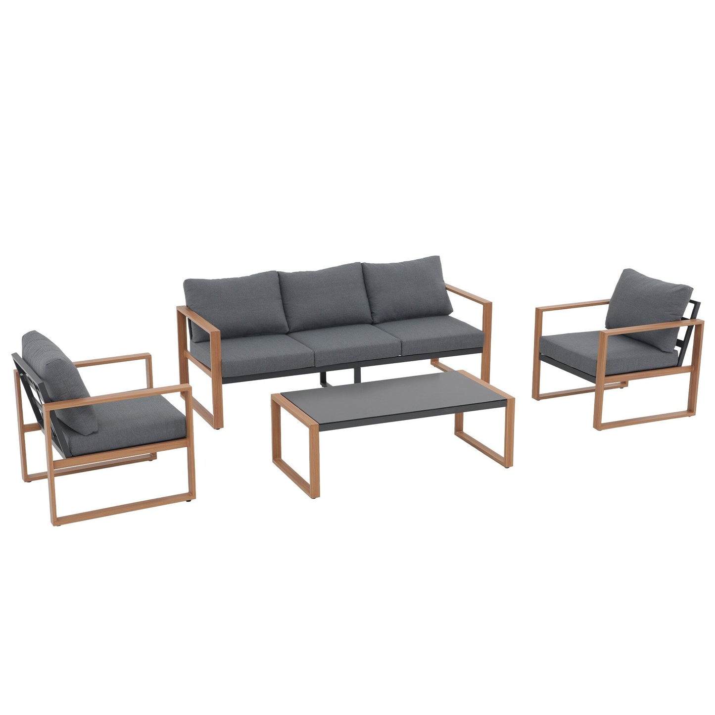 Set da conversazione per patio in alluminio grigio da 4 pezzi per 5 persone con cuscini e tavolo in vetro temperato