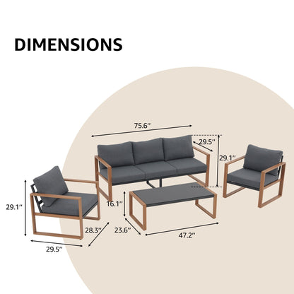 Set da conversazione per patio in alluminio grigio da 4 pezzi per 5 persone con cuscini e tavolo in vetro temperato