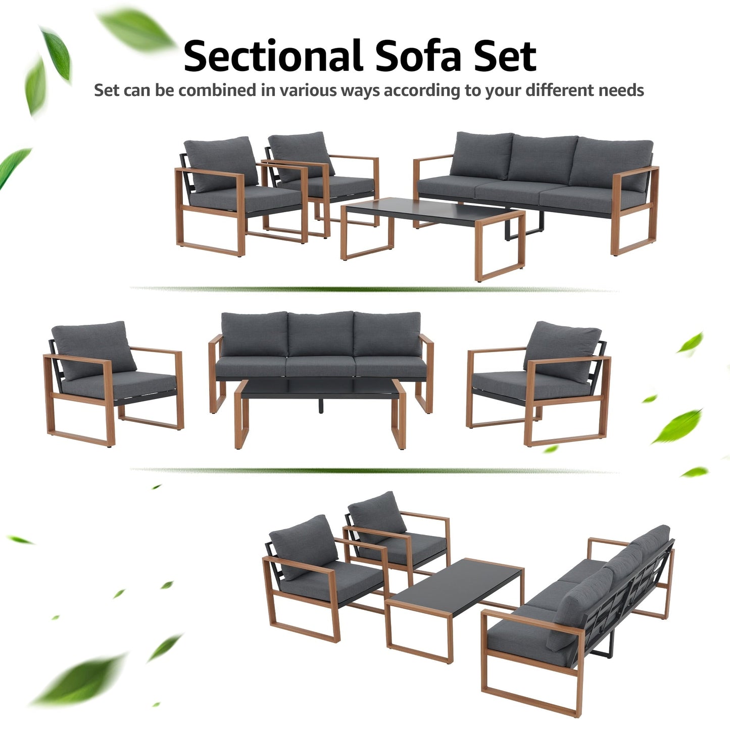 Set da conversazione per patio in alluminio grigio da 4 pezzi per 5 persone con cuscini e tavolo in vetro temperato