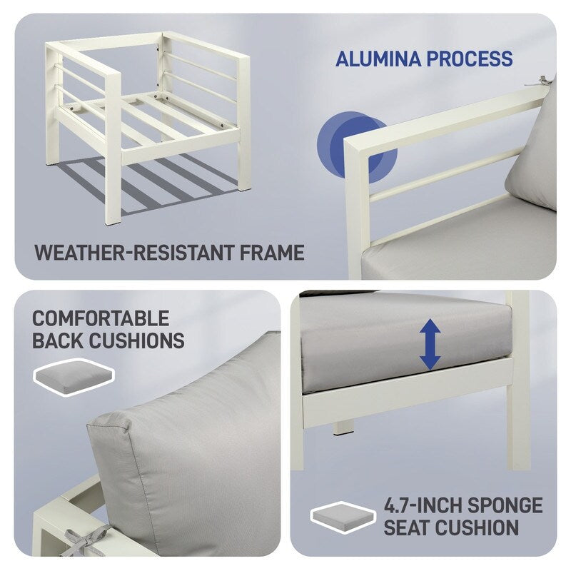 Set da conversazione in alluminio da 4 pezzi per patio con cuscini