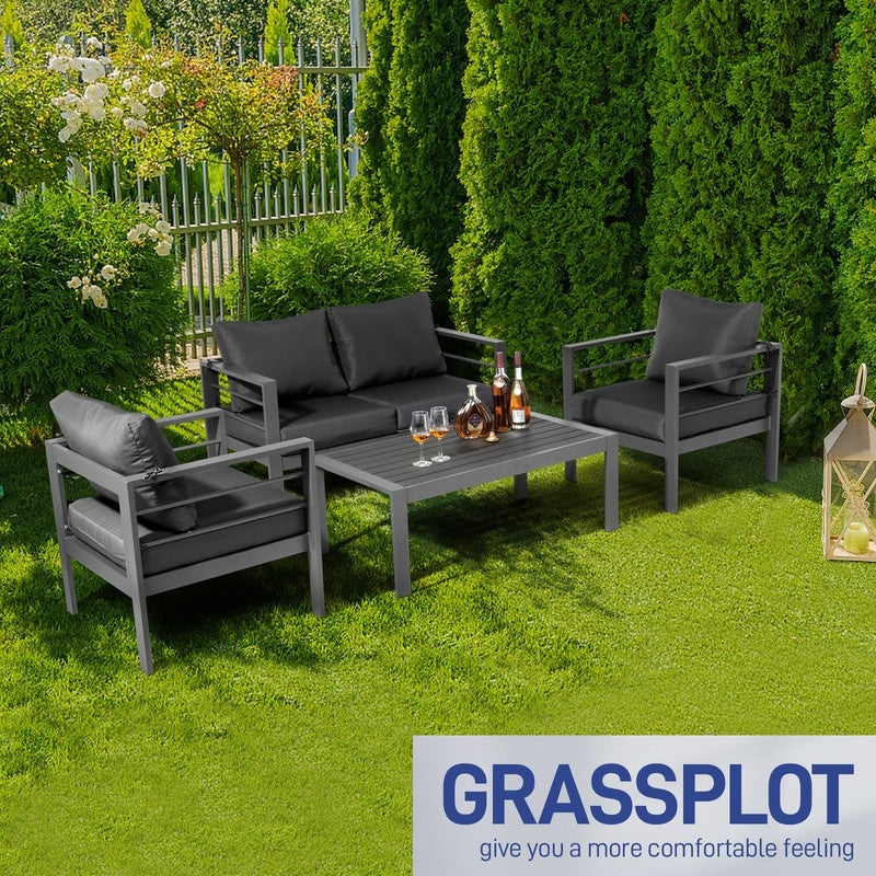 Set da conversazione in alluminio da 4 pezzi per patio con cuscini