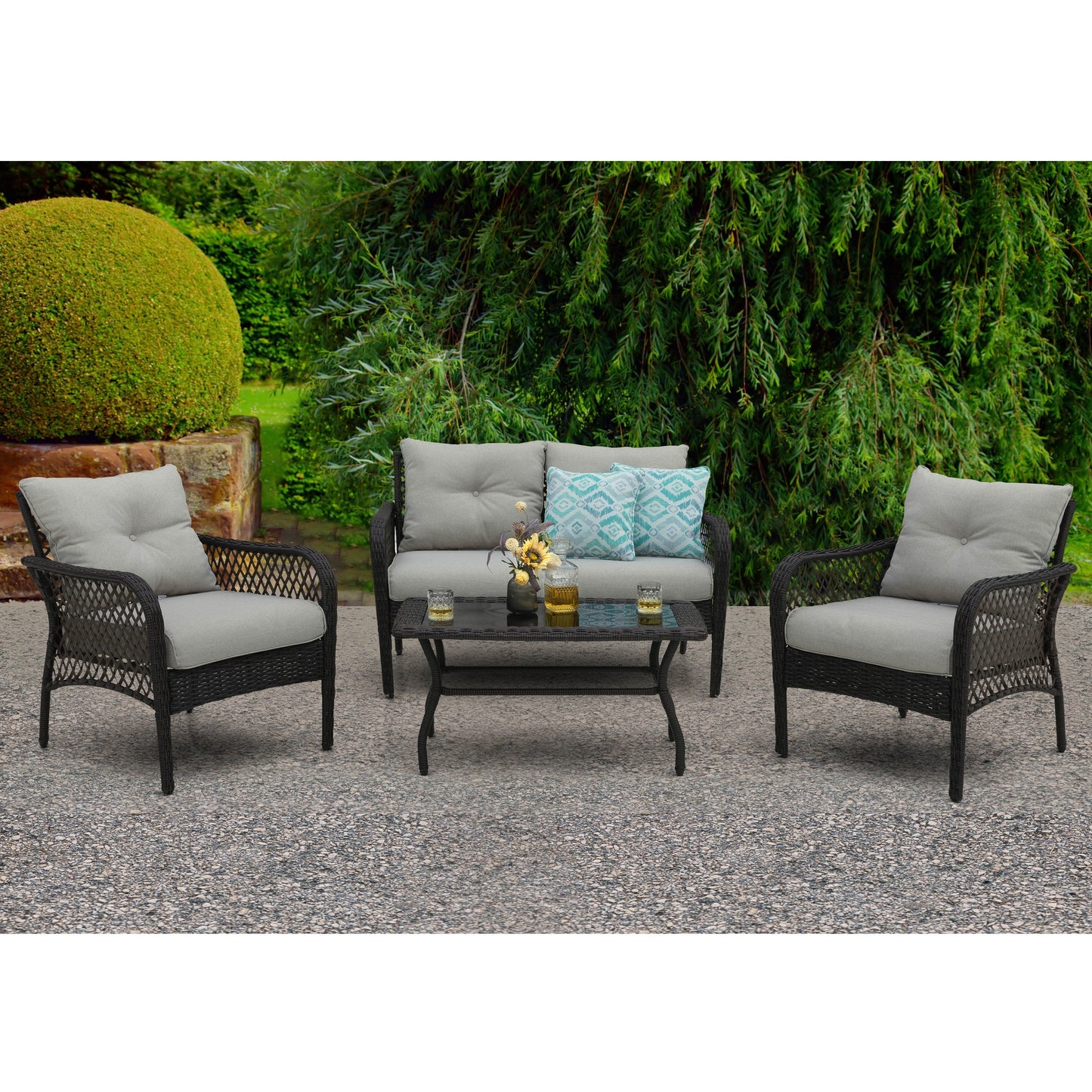 Set da conversazione in vimini da 4 pezzi per patio con tavolo e cuscini, marrone