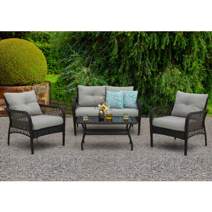 Set da conversazione in vimini da 4 pezzi per patio con tavolo e cuscini, marrone