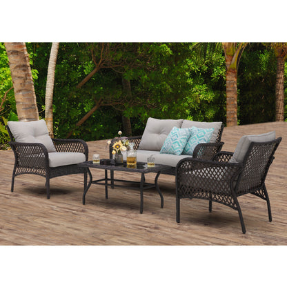 Set da conversazione in vimini da 4 pezzi per patio con tavolo e cuscini, marrone