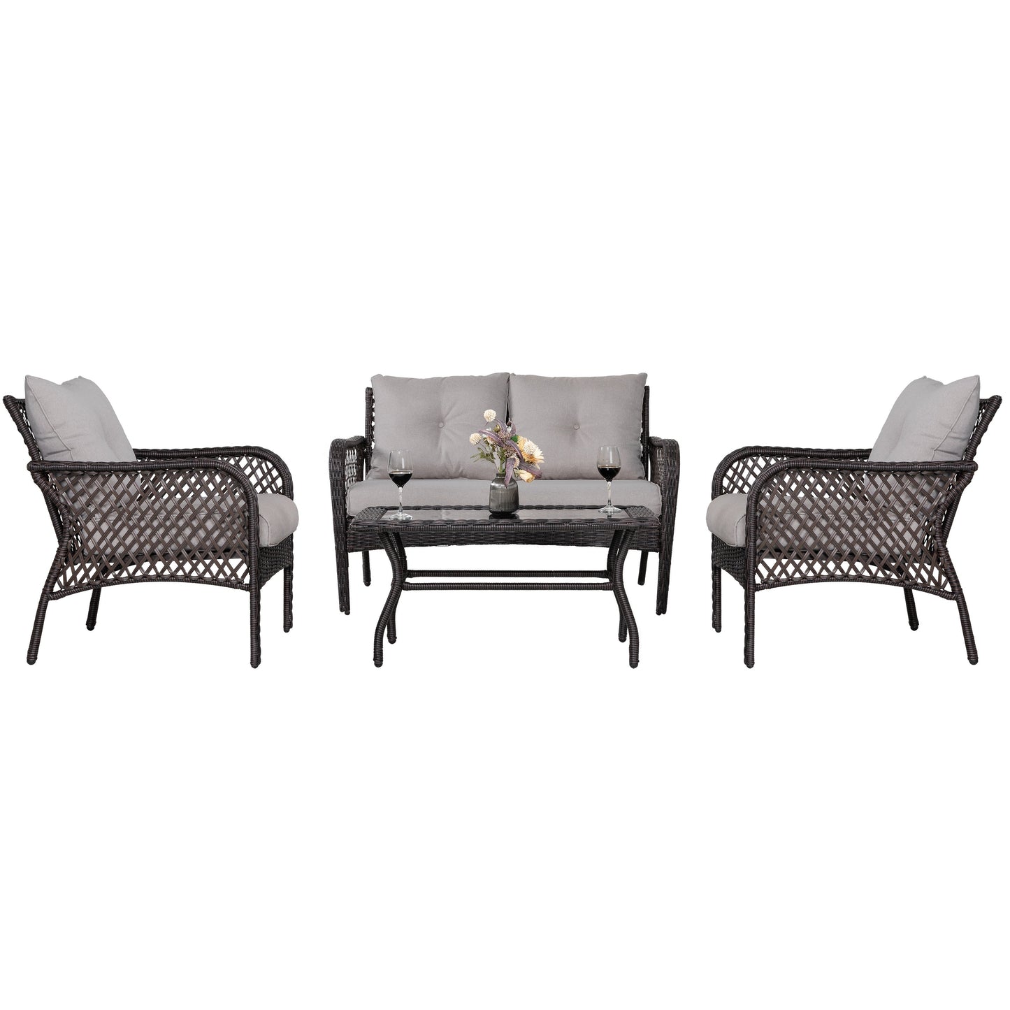 Set da conversazione in vimini da 4 pezzi per patio con tavolo e cuscini, marrone