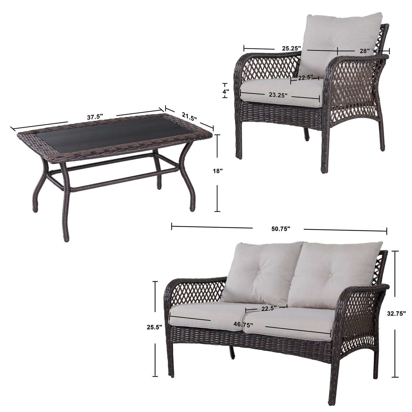 Set da conversazione in vimini da 4 pezzi per patio con tavolo e cuscini, marrone