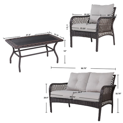 Set da conversazione in vimini da 4 pezzi per patio con tavolo e cuscini, marrone