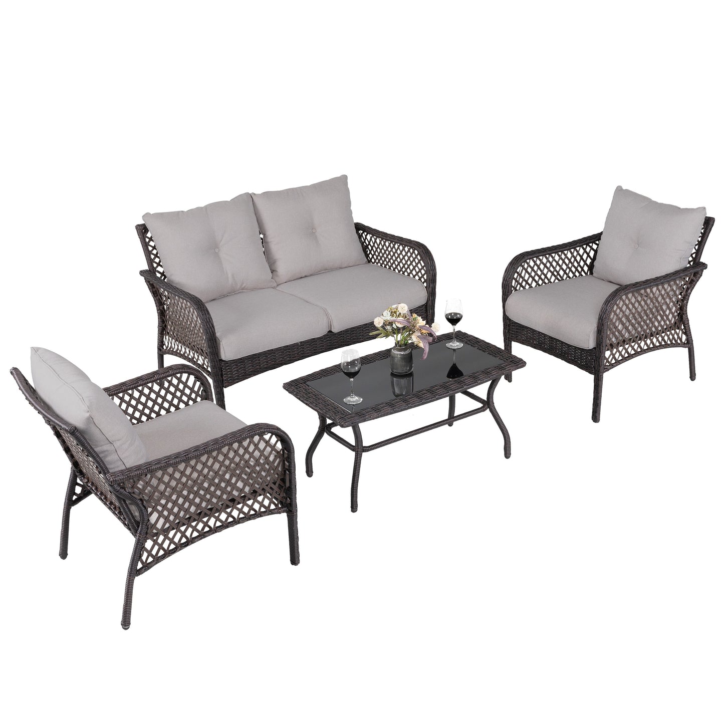 Set da conversazione in vimini da 4 pezzi per patio con tavolo e cuscini, marrone